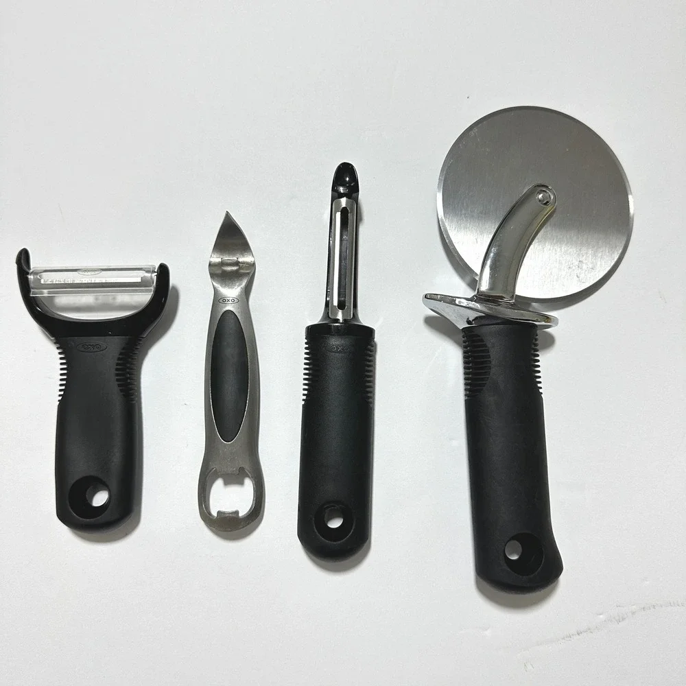 OXO Good Grips 4pc Kitchen Tools Pizza Cutter Peeler Bottle Opener Black Silver